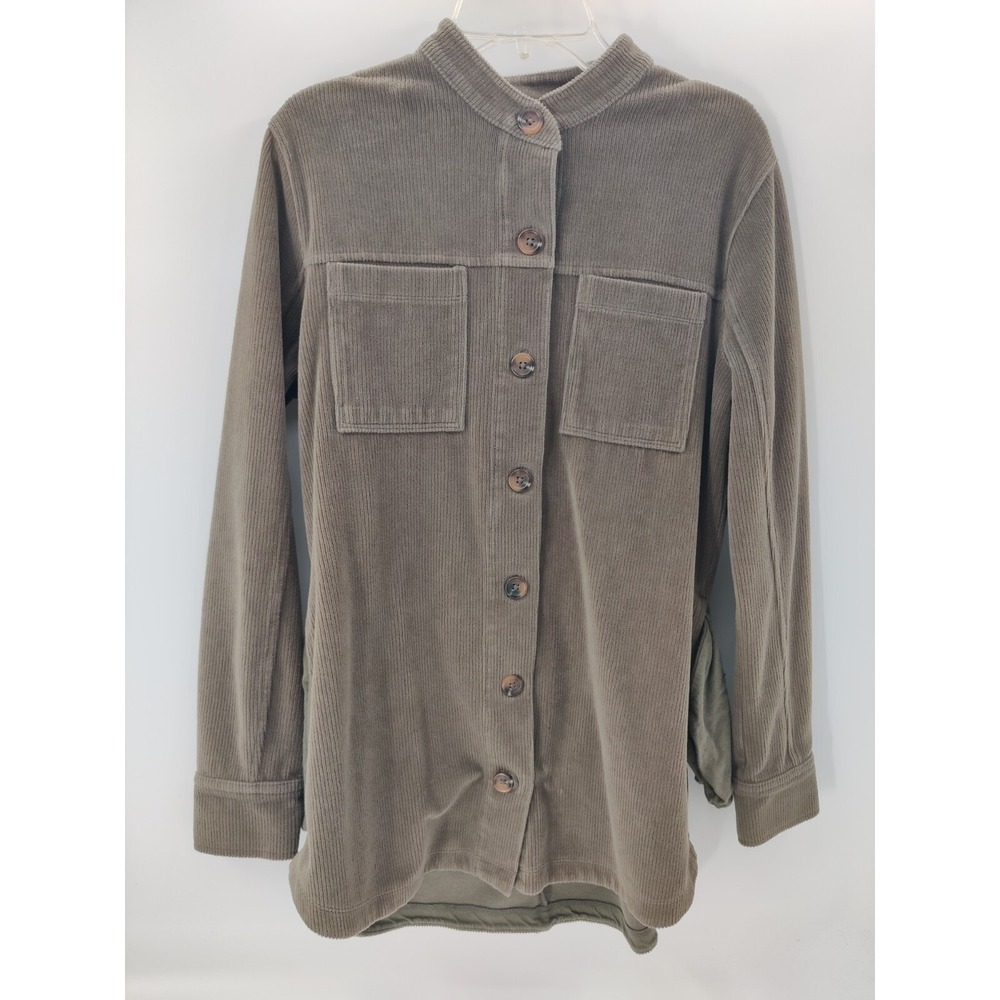 Lands End Womens Olive Green Corduroy Band Collar Button Up Utility Jacket S 6-8
